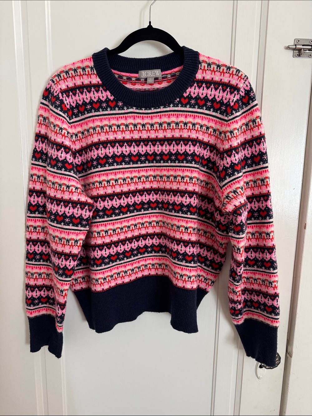 J. Crew Navy and Pink Wool Blend Fair Isle Crewneck Sweater with Hearts